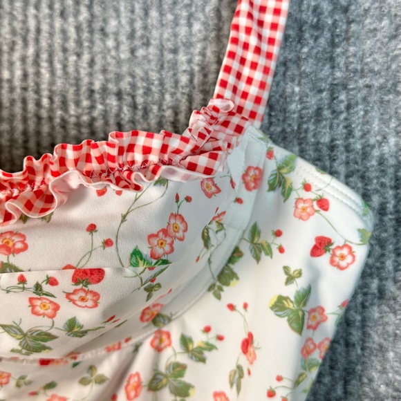 PacSun Swim One Piece Swimsuit, Women’s Size M White Red Floral Gingham Tie Back - Picture 3 of 6